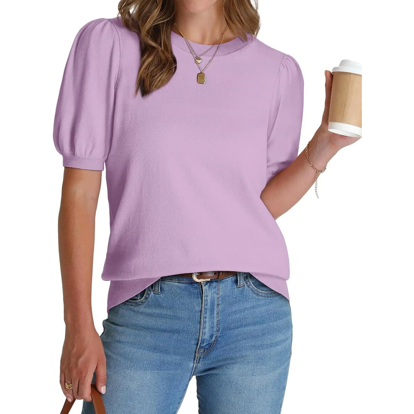 Women's Lightweight Puff Sleeve Knit Top – Soft Spring Summer Sweater, Business Casual Pullover Shirt