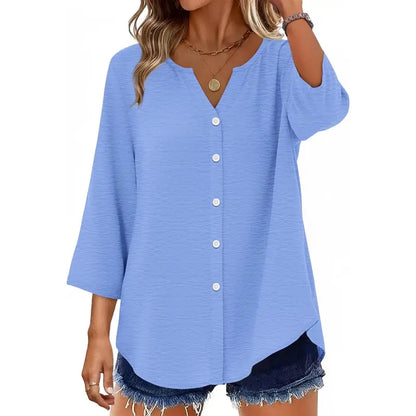 Women's V-Neck Button Down Blouse – Casual Loose Fit Summer Shirt