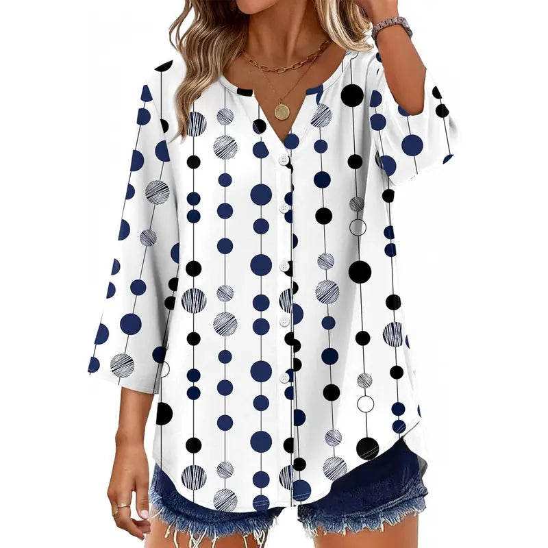 Women's V-Neck Button Down Blouse – Casual Loose Fit Summer Shirt