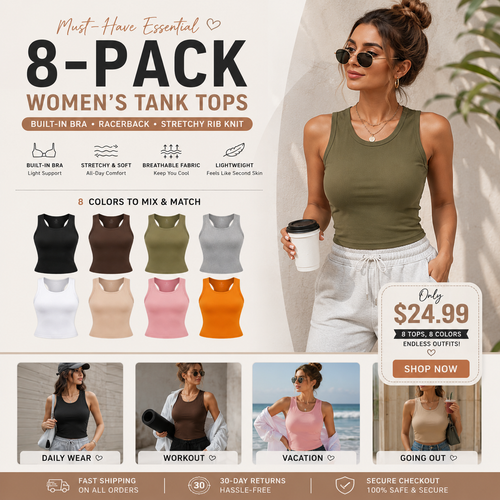 This Week's Special Price🍃Round Neck Built-in Bra Ribbed Tank Top Fit Casual Comfortable💥