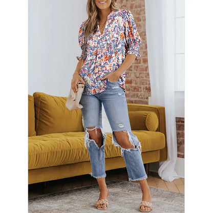 Women's Lightweight Floral Blouse – Casual Loose Fit V-Neck Summer Top