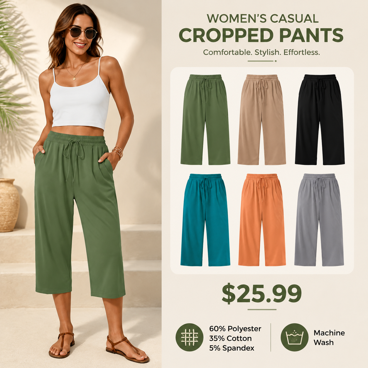 Women’s High Waist Capri Pants – Lightweight Stretch Casual Summer Trousers
