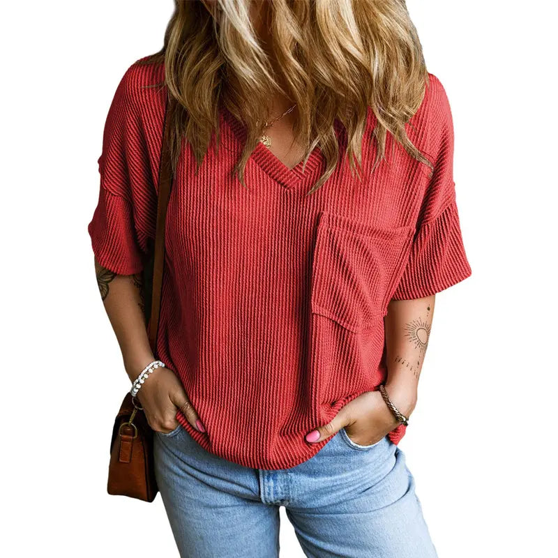 Women's Oversized Ribbed Knit Summer T-Shirt V Neck Short Sleeve Casual Loose Fit Tee with Pocket