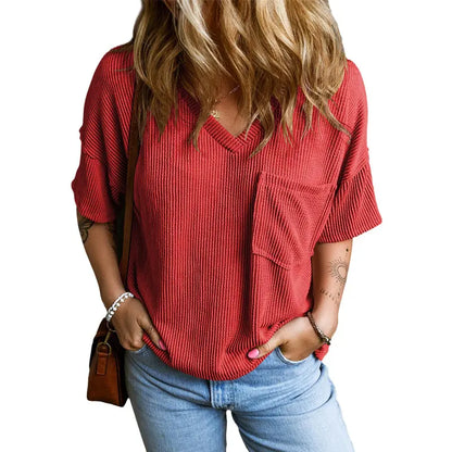 Women's Oversized Ribbed Knit Summer T-Shirt V Neck Short Sleeve Casual Loose Fit Tee with Pocket