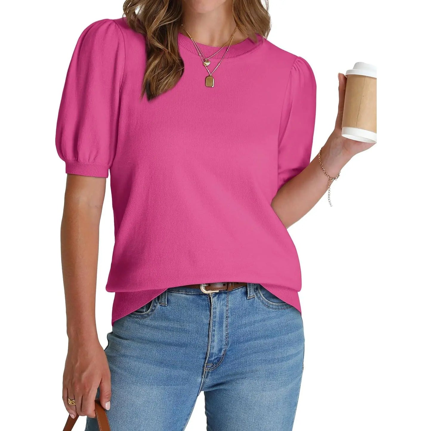 Women's Lightweight Puff Sleeve Knit Top – Soft Spring Summer Sweater, Business Casual Pullover Shirt