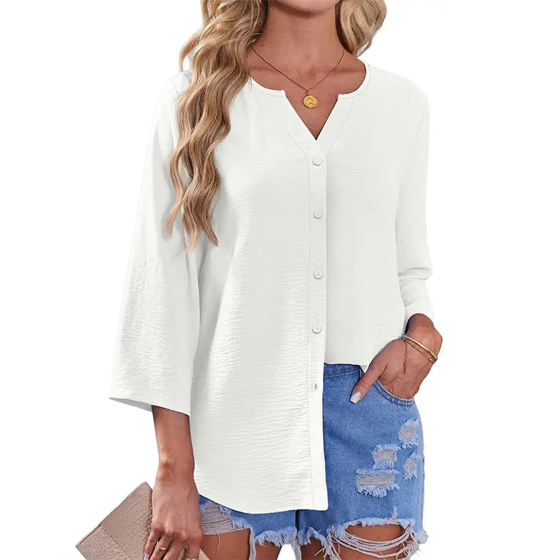 Women's V-Neck Button Down Blouse – Casual Loose Fit Summer Shirt