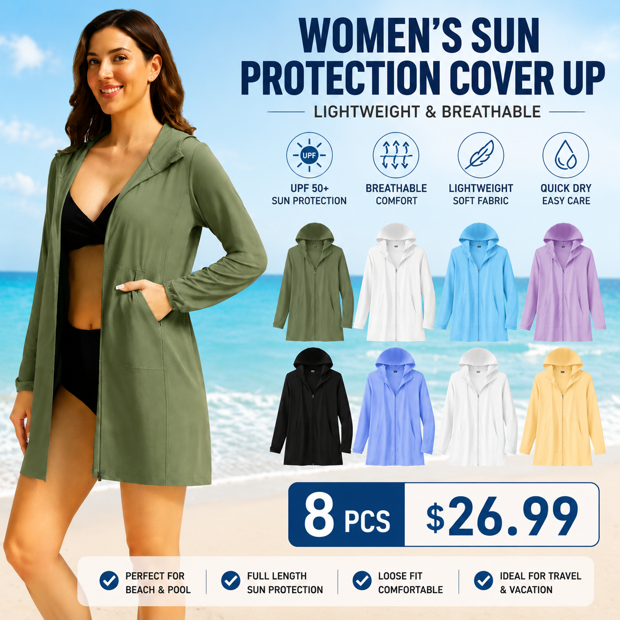 Women's UPF 50+ Sun Protection Swim Crochet Bikini Cover Up Full Zipper Hoodie Long Jacket SPF Lightweight Beach Cover Ups for Women SummerVibes