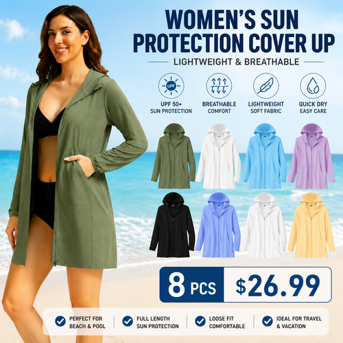 Women's UPF 50+ Sun Protection Swim Crochet Bikini Cover Up Full Zipper Hoodie Long Jacket SPF Lightweight Beach Cover Ups for Women SummerVibes