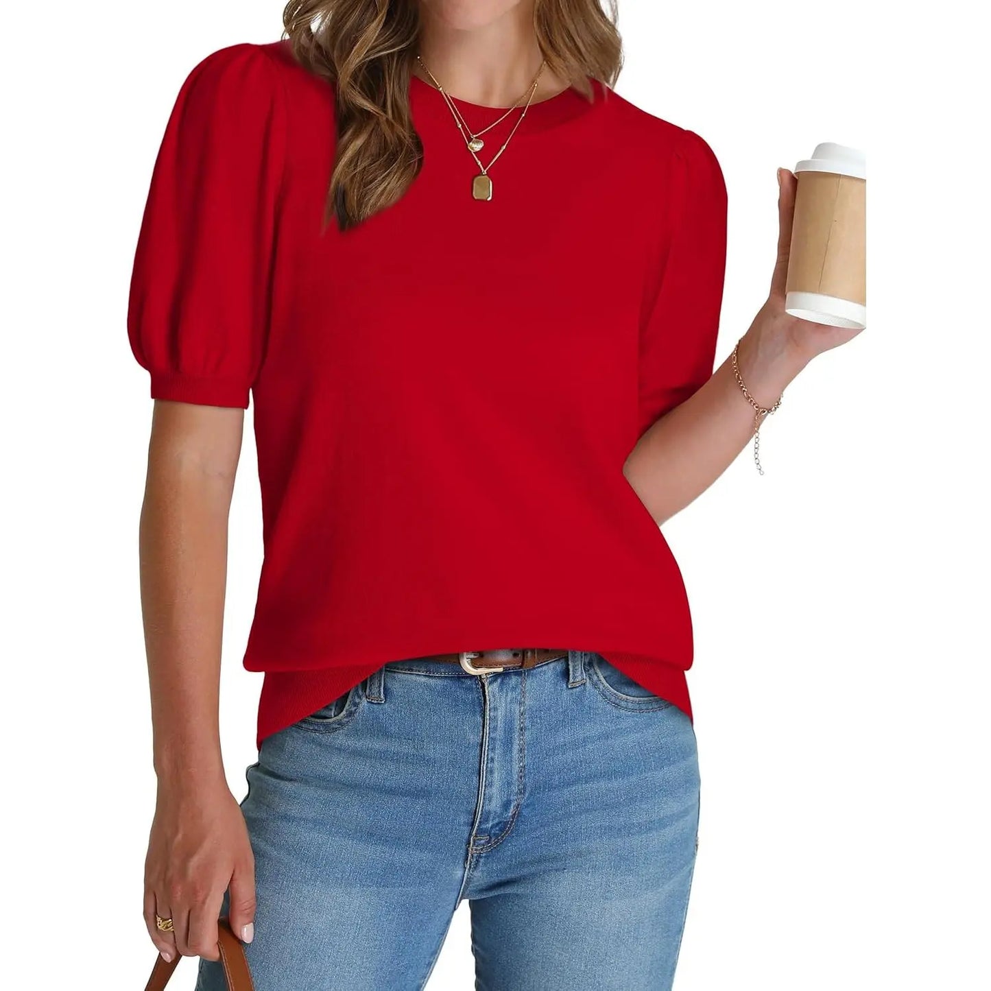 Women's Lightweight Puff Sleeve Knit Top – Soft Spring Summer Sweater, Business Casual Pullover Shirt