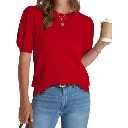 Women's Lightweight Puff Sleeve Knit Top – Soft Spring Summer Sweater, Business Casual Pullover Shirt