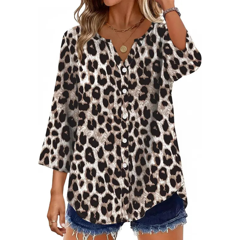 Women's V-Neck Button Down Blouse – Casual Loose Fit Summer Shirt