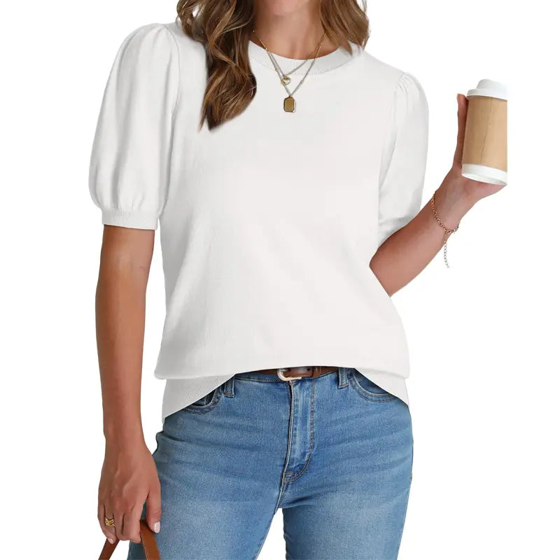 Women's Lightweight Puff Sleeve Knit Top – Soft Spring Summer Sweater, Business Casual Pullover Shirt