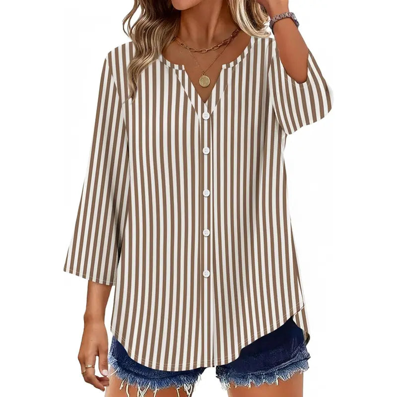 Women's V-Neck Button Down Blouse – Casual Loose Fit Summer Shirt