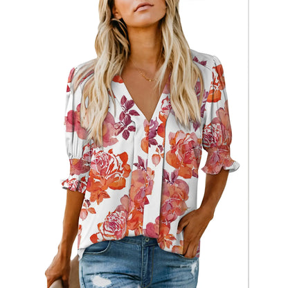 Women's Lightweight Floral Blouse – Casual Loose Fit V-Neck Summer Top