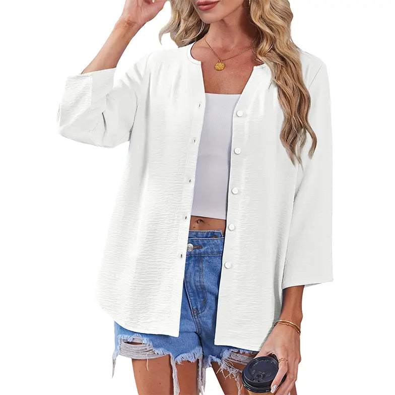 Women's V-Neck Button Down Blouse – Casual Loose Fit Summer Shirt