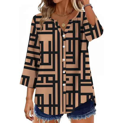 Women's V-Neck Button Down Blouse – Casual Loose Fit Summer Shirt