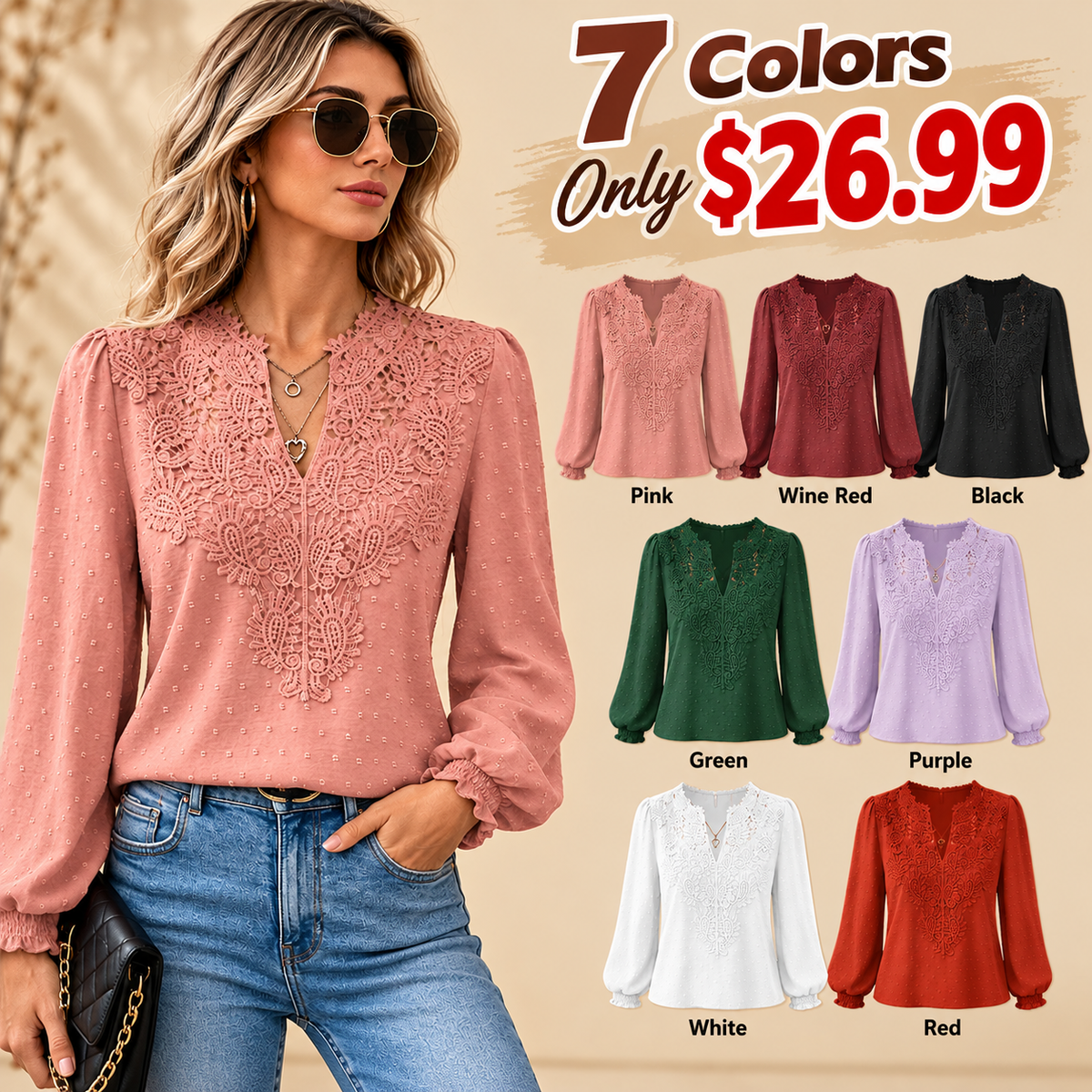 Women's Lace V-Neck Long Sleeve Top – Slim Fit | Elegant & Alluring