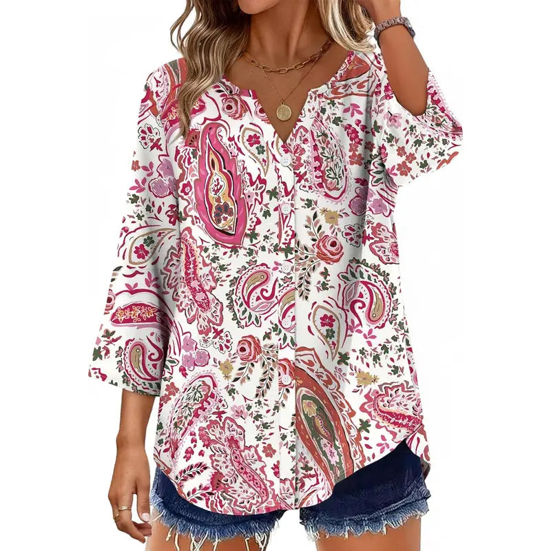 Women's V-Neck Button Down Blouse – Casual Loose Fit Summer Shirt
