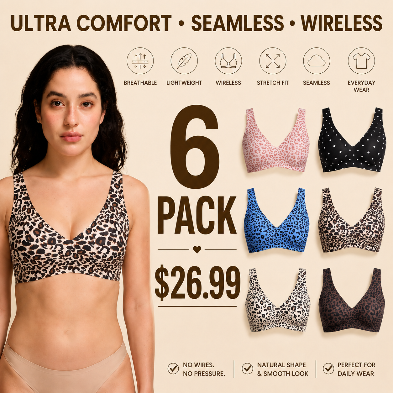 Wireless Womens Comfortable Wireless Bras Push Up Bralettes Seamless Tshirts Bras Deep V Everyday Bras