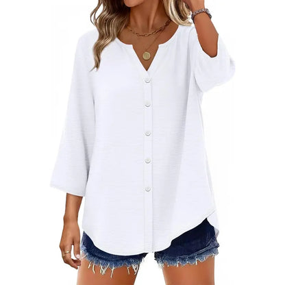 Women's V-Neck Button Down Blouse – Casual Loose Fit Summer Shirt