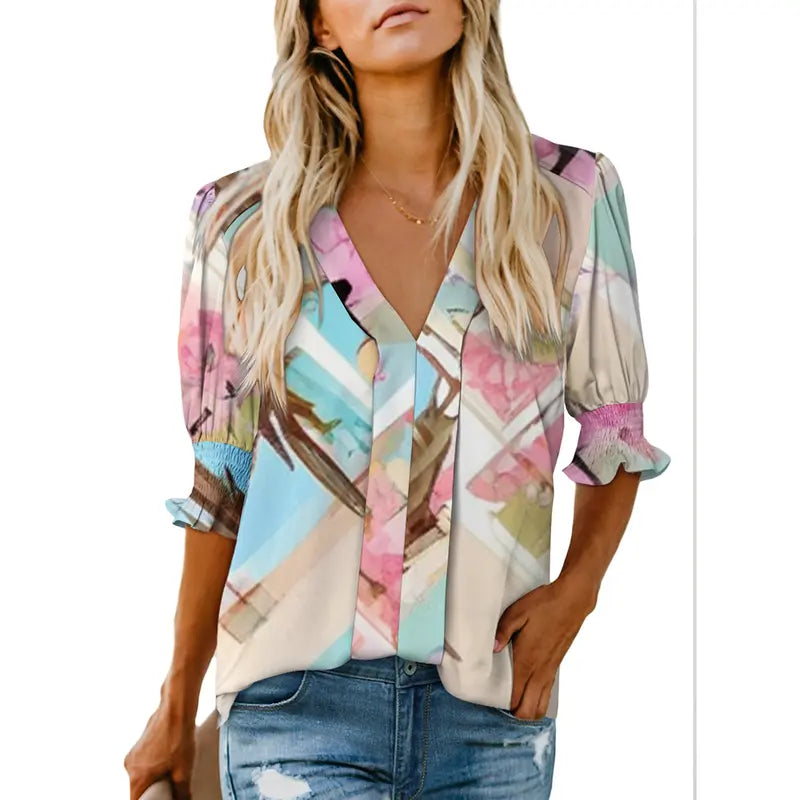 Women's Lightweight Floral Blouse – Casual Loose Fit V-Neck Summer Top