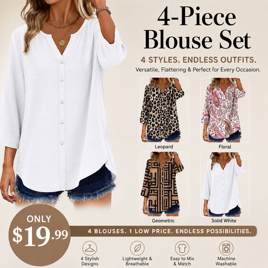 Women's V-Neck Button Down Blouse – Casual Loose Fit Summer Shirt