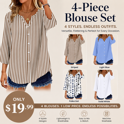 Women's V-Neck Button Down Blouse – Casual Loose Fit Summer Shirt