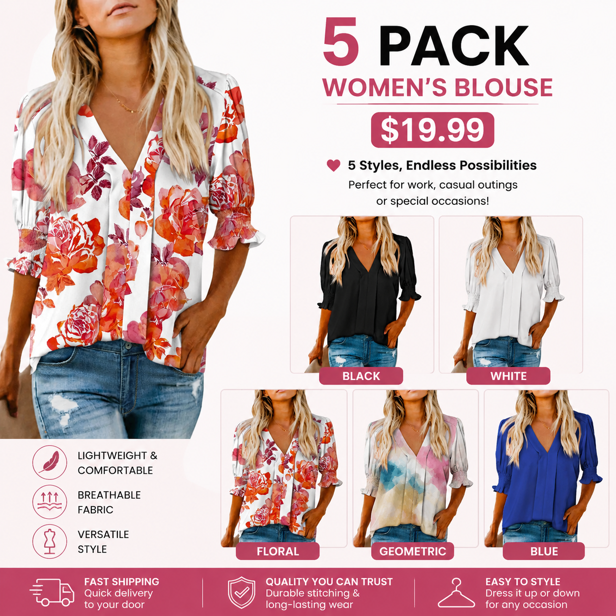 Women's Lightweight Floral Blouse – Casual Loose Fit V-Neck Summer Top