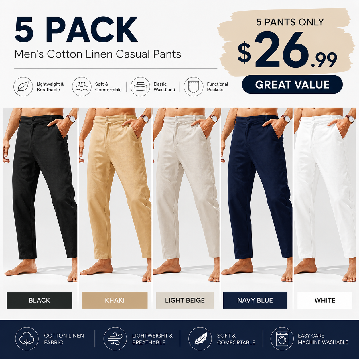 Men's Lightweight Cotton Linen Pants – Elastic Waist Slim Fit Casual Trousers with Pockets for Beach, Yoga & Everyday Wear