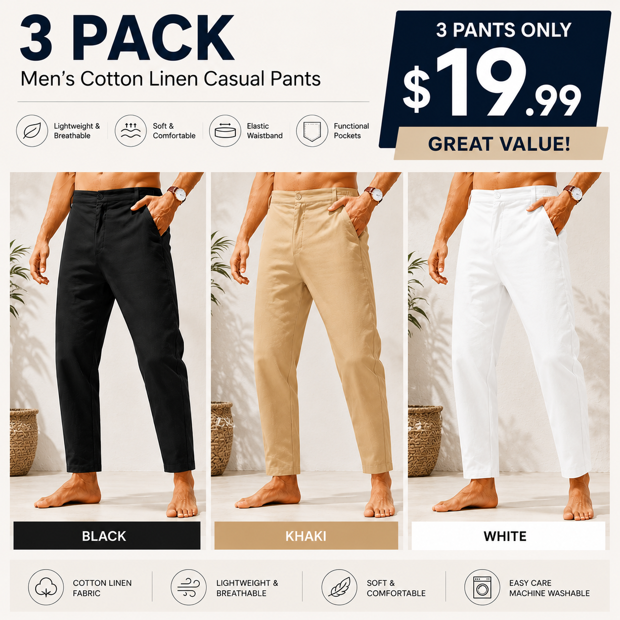 Men's Lightweight Cotton Linen Pants – Elastic Waist Slim Fit Casual Trousers with Pockets for Beach, Yoga & Everyday Wear