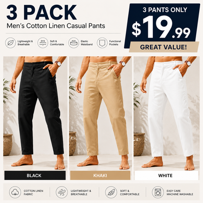 Men's Lightweight Cotton Linen Pants – Elastic Waist Slim Fit Casual Trousers with Pockets for Beach, Yoga & Everyday Wear