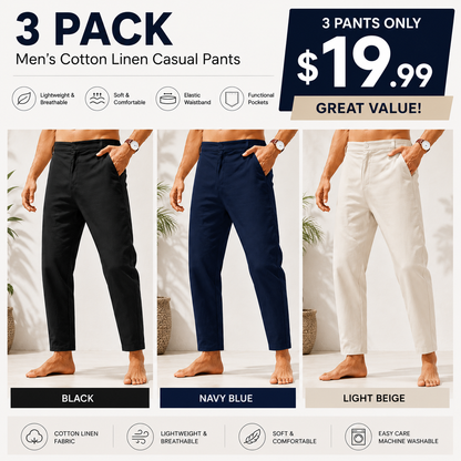 Men's Lightweight Cotton Linen Pants – Elastic Waist Slim Fit Casual Trousers with Pockets for Beach, Yoga & Everyday Wear
