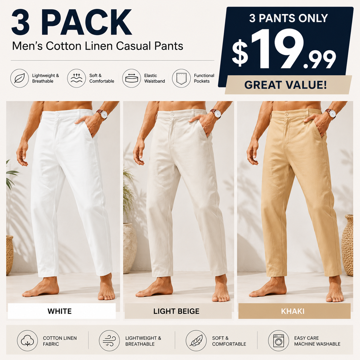 Men's Lightweight Cotton Linen Pants – Elastic Waist Slim Fit Casual Trousers with Pockets for Beach, Yoga & Everyday Wear