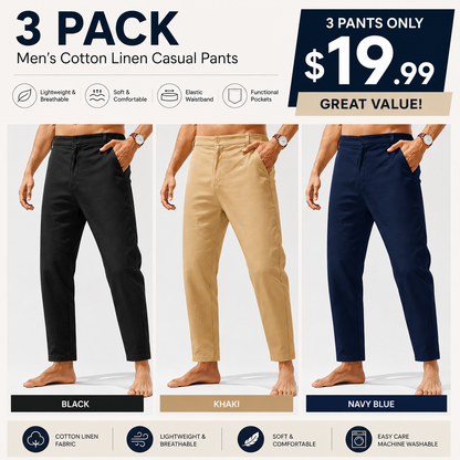 Men's Lightweight Cotton Linen Pants – Elastic Waist Slim Fit Casual Trousers with Pockets for Beach, Yoga & Everyday Wear