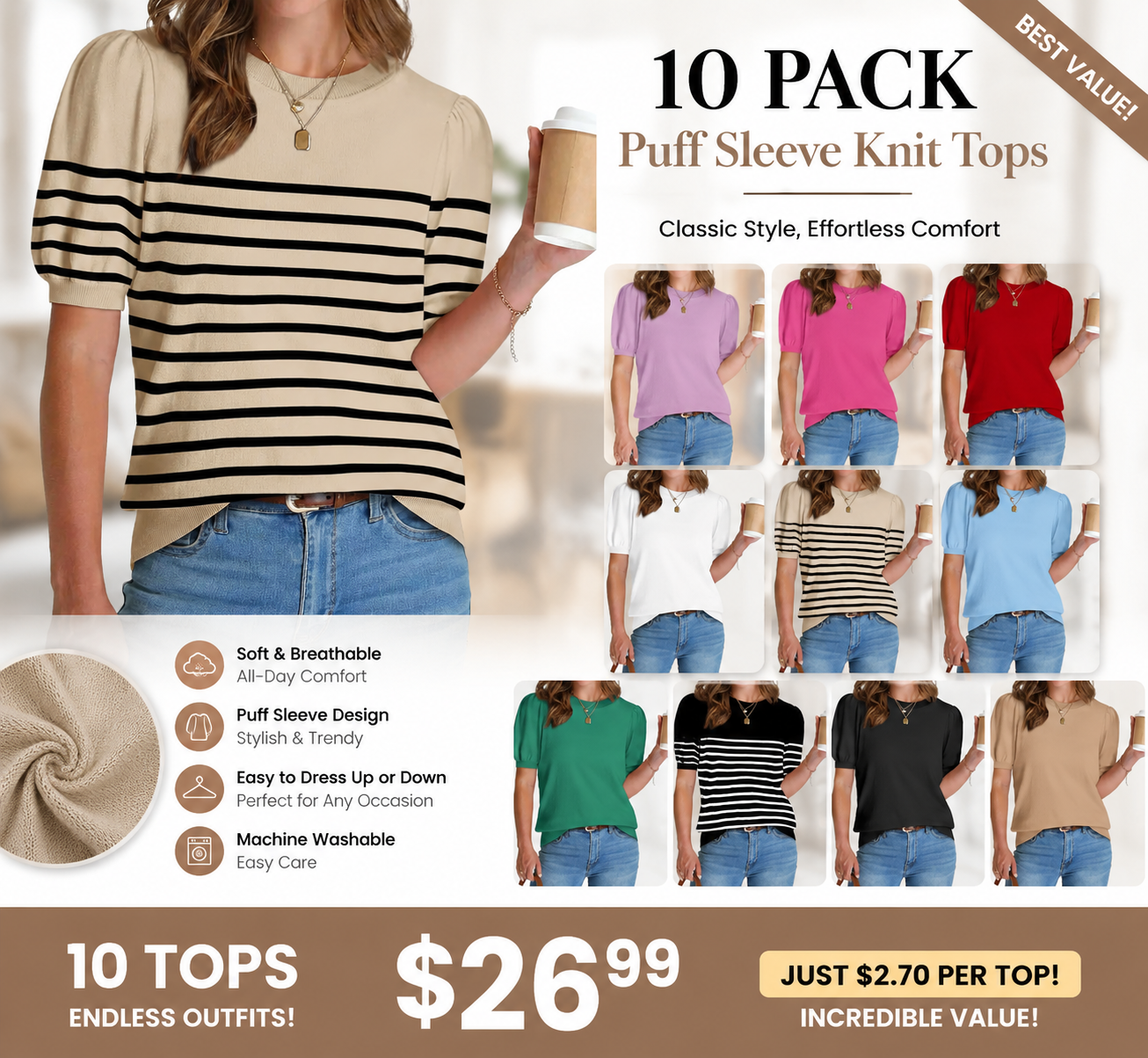 Women's Lightweight Puff Sleeve Knit Top – Soft Spring Summer Sweater, Business Casual Pullover Shirt