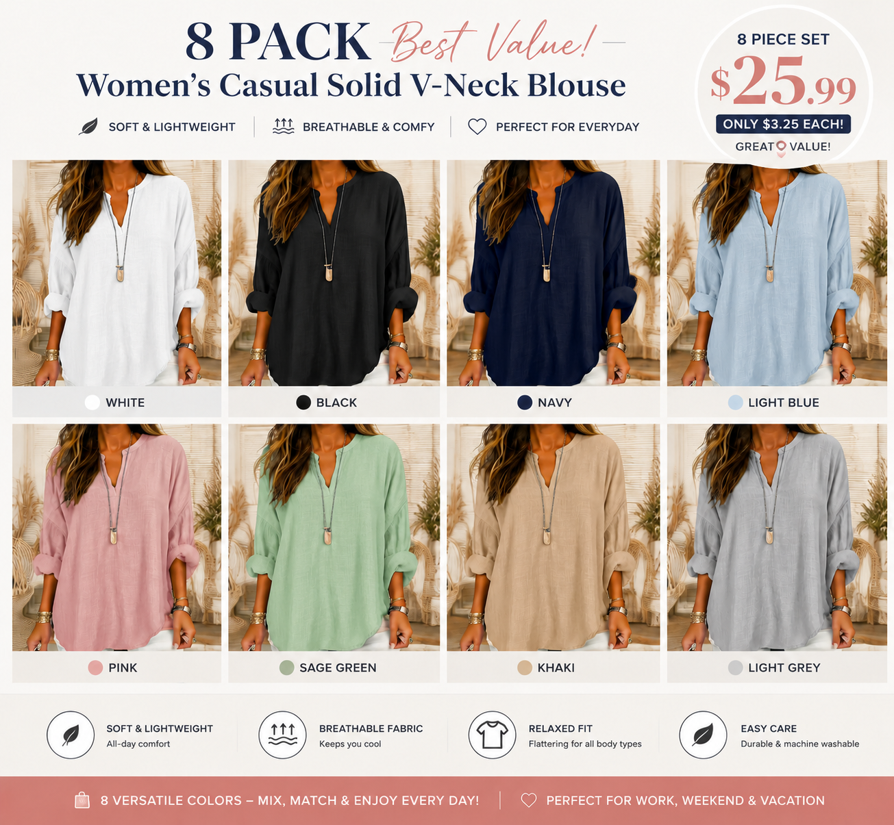 Women's Casual Solid V-Neck Blouse