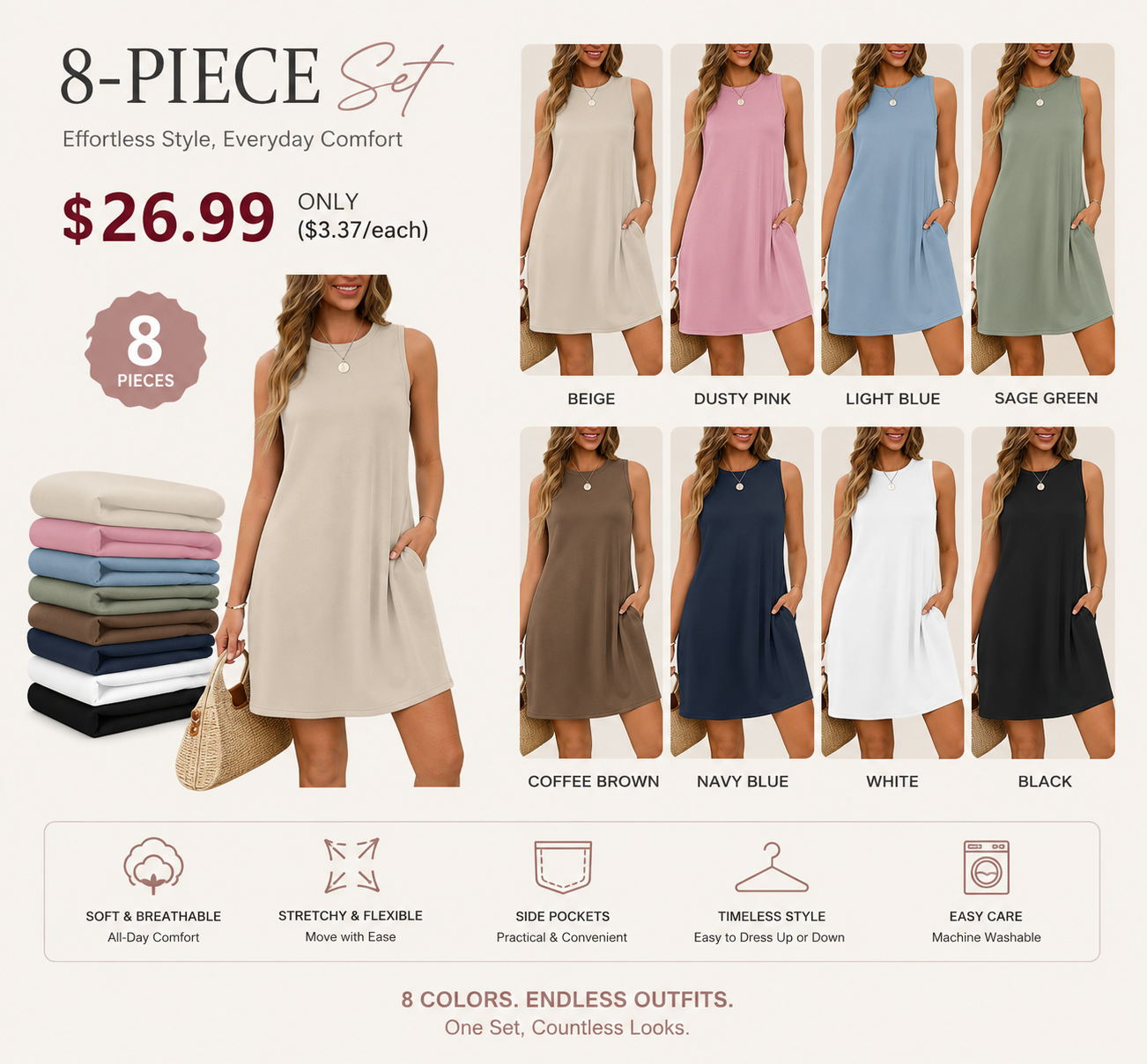 Women's Casual Crew Neck Sleeveless Tank Dress with Pockets, Soft Stretch Summer A-Line Sundress for Beach, Vacation & Daily Wear