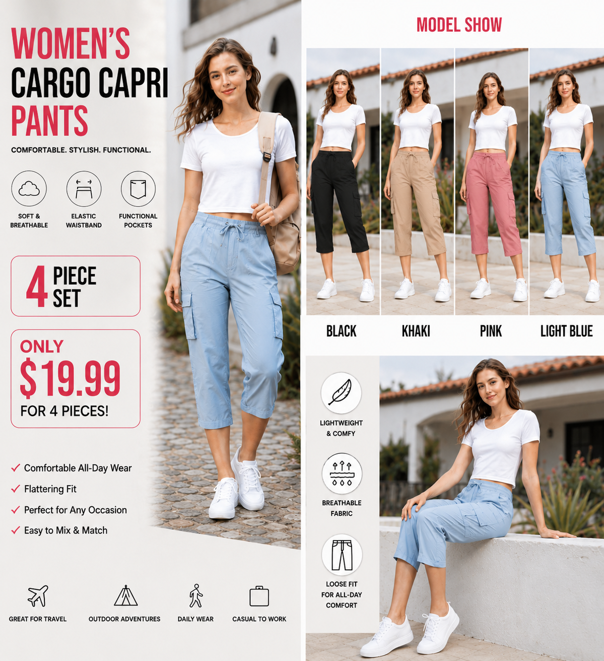 Women’s Summer Cargo Capri Pants – Plus Size Lightweight Casual Cropped Pants with Pockets