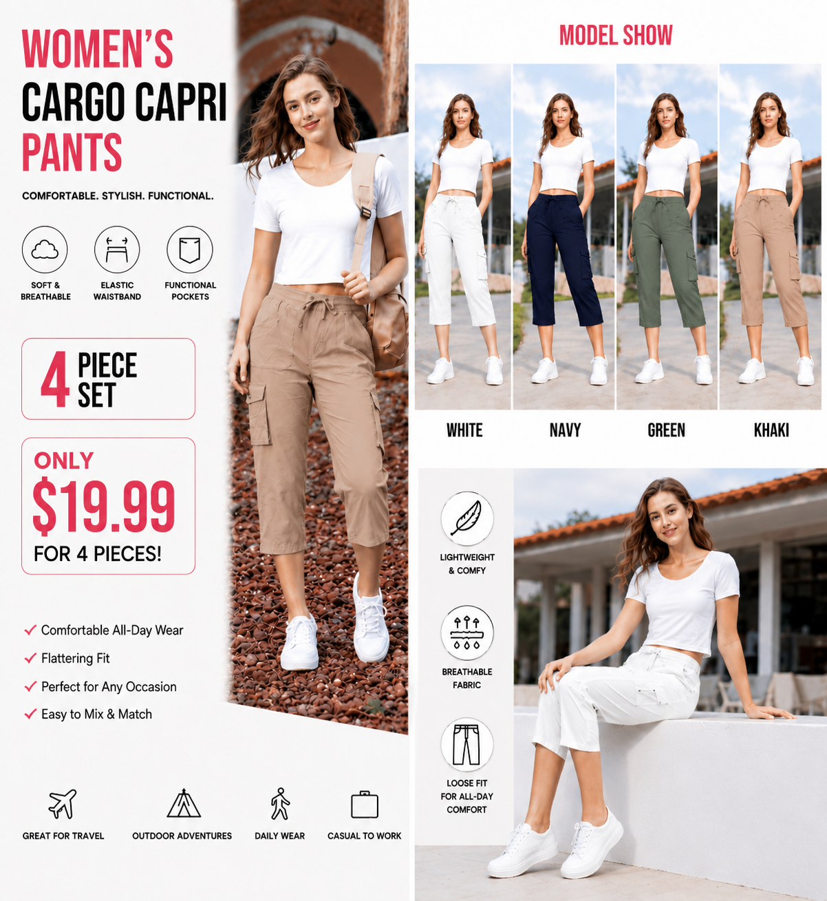 Women’s Summer Cargo Capri Pants – Plus Size Lightweight Casual Cropped Pants with Pockets