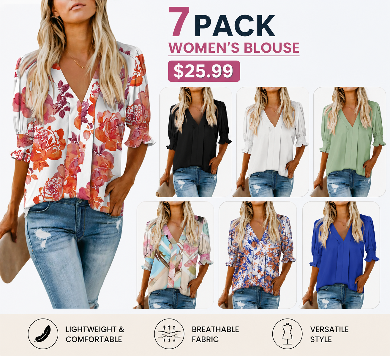 Women's Lightweight Floral Blouse – Casual Loose Fit V-Neck Summer Top