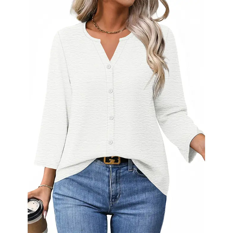 Women's V-Neck Button Down Blouse – Casual Loose Fit Summer Shirt