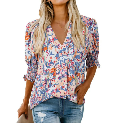 Women's Lightweight Floral Blouse – Casual Loose Fit V-Neck Summer Top