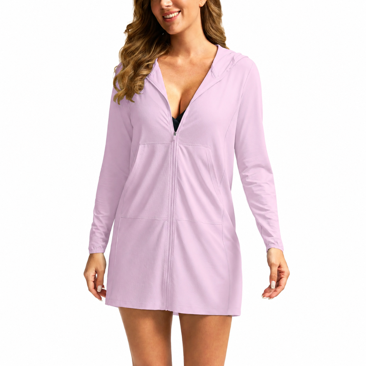 Women's UPF 50+ Sun Protection Swim Crochet Bikini Cover Up Full Zipper Hoodie Long Jacket SPF Lightweight Beach Cover Ups for Women SummerVibes
