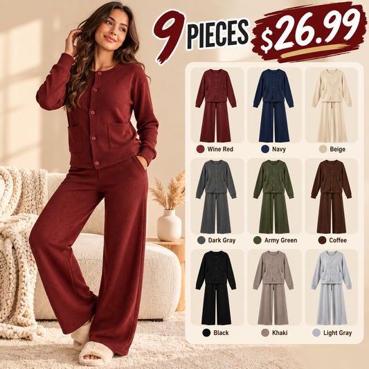 Women's Casual Comfortable Round Neck Long Sleeve Knit Sweater Set, High Waist Versatile Wide Leg Pants