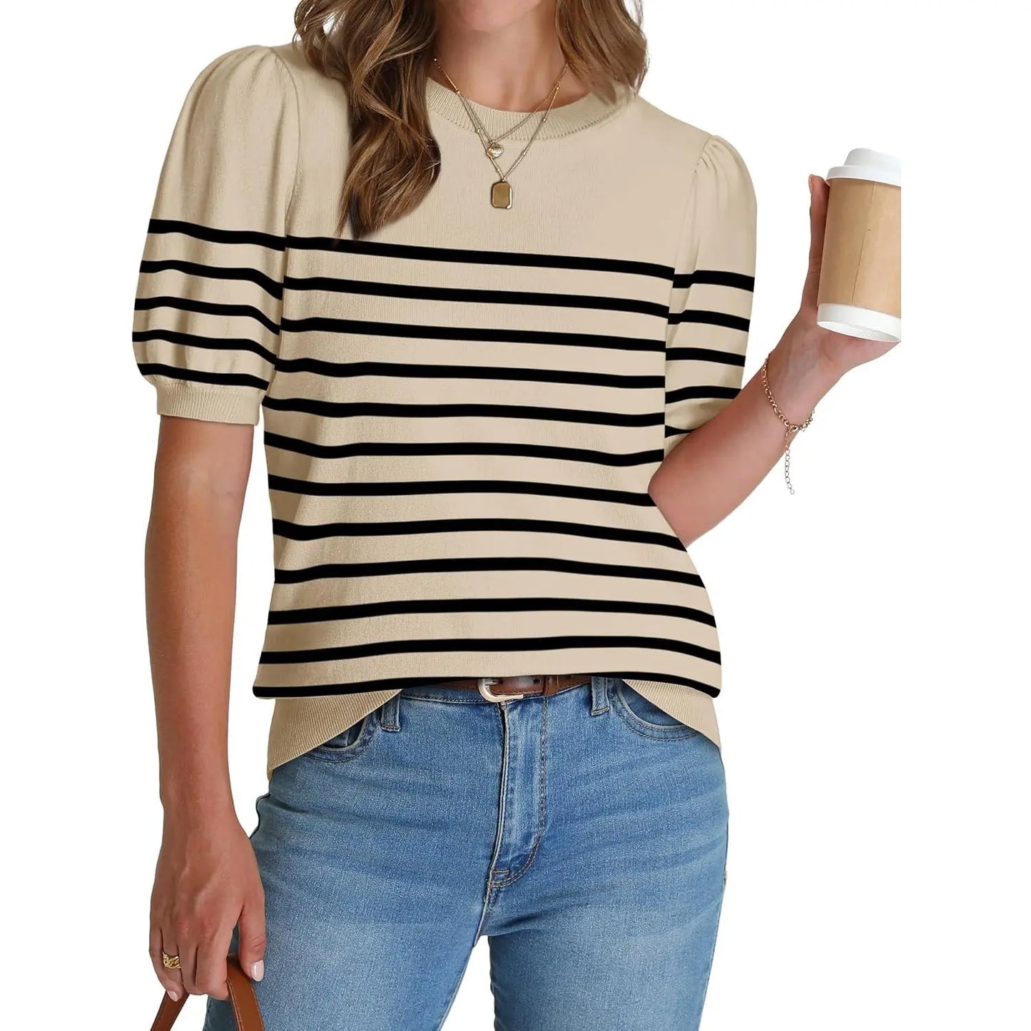 Women's Lightweight Puff Sleeve Knit Top – Soft Spring Summer Sweater, Business Casual Pullover Shirt