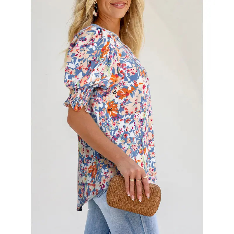 Women's Lightweight Floral Blouse – Casual Loose Fit V-Neck Summer Top