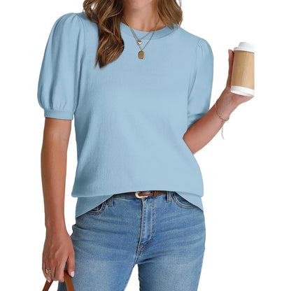 Women's Lightweight Puff Sleeve Knit Top – Soft Spring Summer Sweater, Business Casual Pullover Shirt