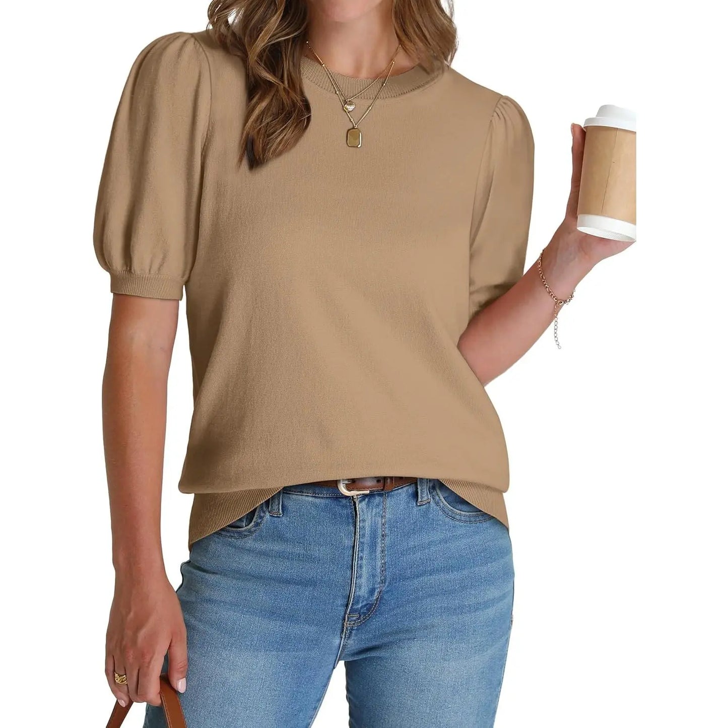 Women's Lightweight Puff Sleeve Knit Top – Soft Spring Summer Sweater, Business Casual Pullover Shirt