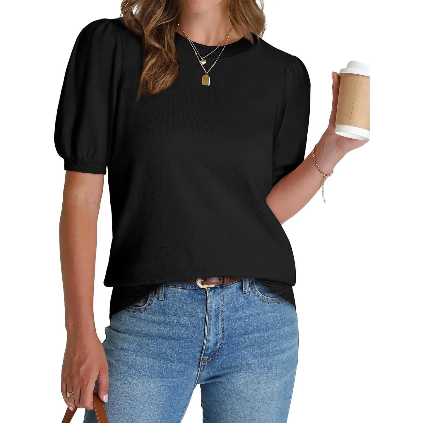 Women's Lightweight Puff Sleeve Knit Top – Soft Spring Summer Sweater, Business Casual Pullover Shirt