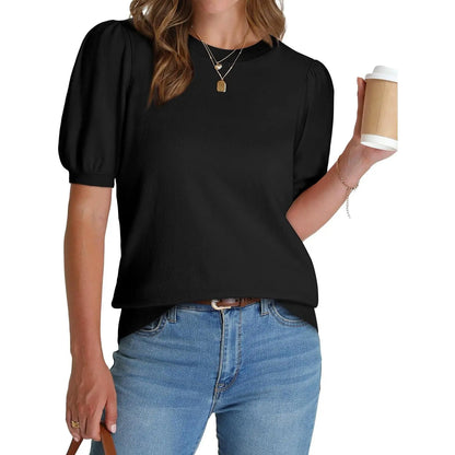 Women's Lightweight Puff Sleeve Knit Top – Soft Spring Summer Sweater, Business Casual Pullover Shirt